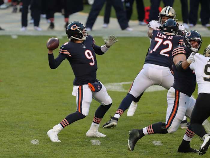 Nov 1, 2020; Chicago Bears quarterback Nick Foles (9) throws a touchdown pass against the New Orleans Saints. Mandatory Credit: Dennis Wierzbicki-USA TODAY
